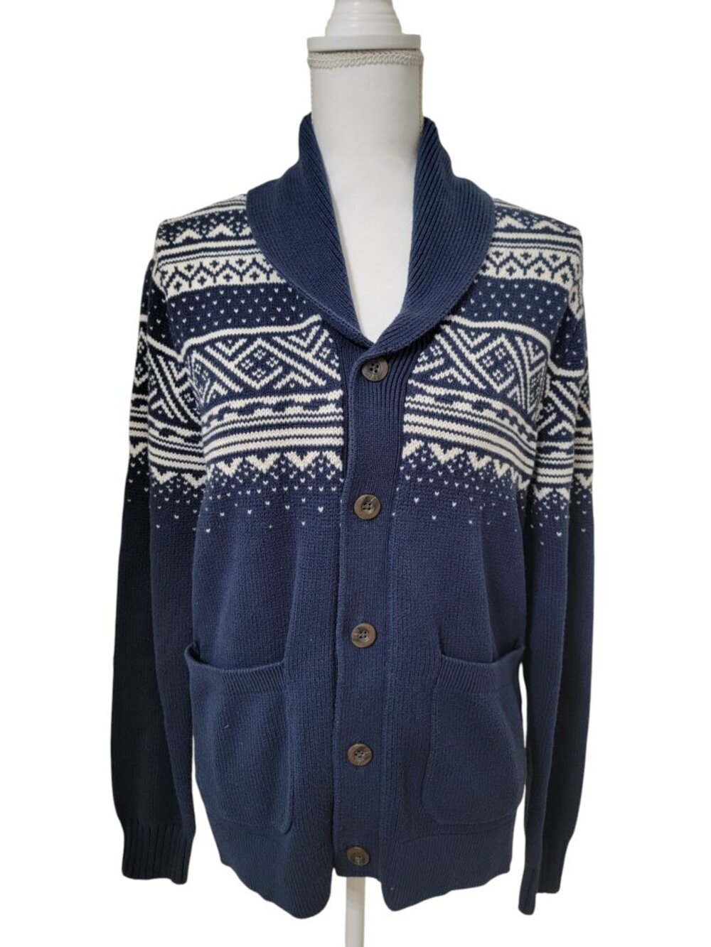 Levi's Size M Fair Isle Shawl Collar Cardigan Sweater, Navy Blue & White